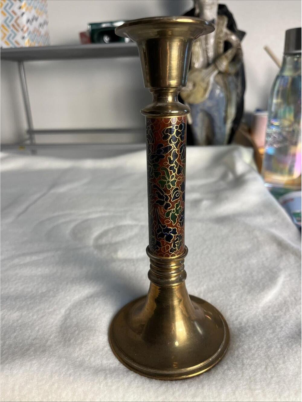8” Vintage Brass & Enamel Cloisonne Candlestick Holder